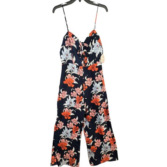 Gypsies & Moondust Jumpsuit XL Navy Blue Floral Lace Up Wide Leg Boho Resort NEW - Picture 2 of 16